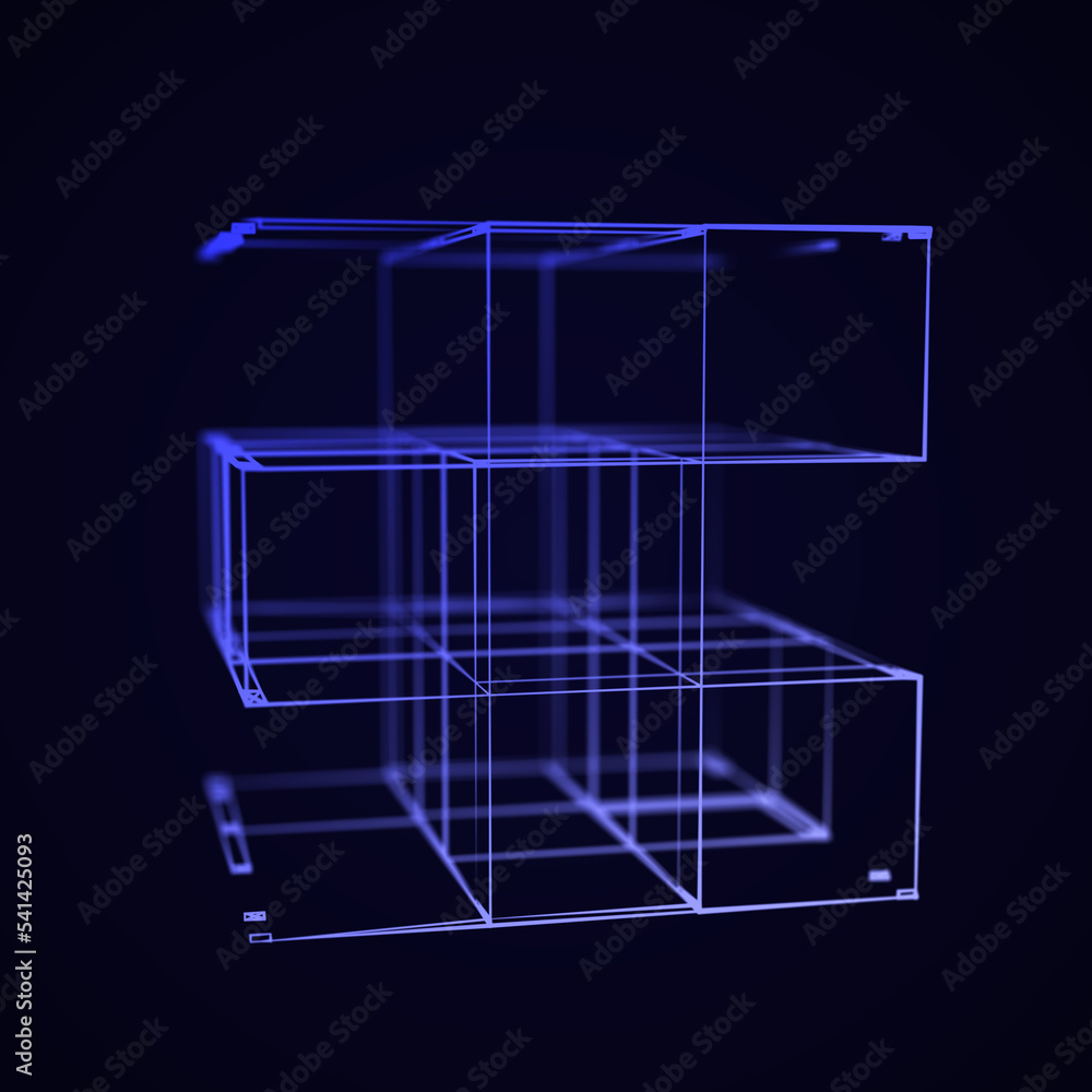Poster abstract gradient lines connection in the shape of boxes. mesh square with structured particles, fra