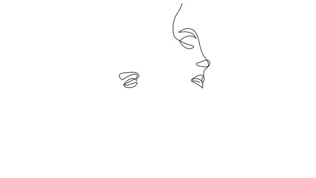 A Portrait of the couple is drawn in one line art style. Hand drawn digital animation. Black lines on a white background. Romantic Expression.