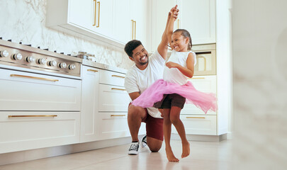 Dad, girl and ballet dance of a child in a home kitchen dancing together and bonding. Family man,...