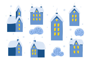 Collection of Christmas houses and trees isolated on white background. Vector illustration for Merry Christmas and New Year.