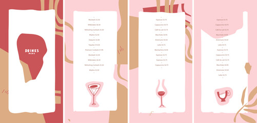 Drinks menu. Cocktail, wine, coffee, fruit tea. Flat style with abstract lines, spots. Hand-drawn decorative elements. Vector template for menu, banner, booklet, brochure, wine map 