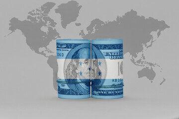 national flag of honduras on the dollar money banknote on the world map background .3d illustration