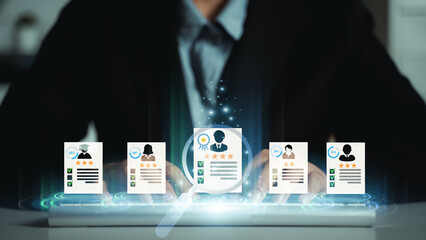 Human Resources HR management Recruitment Employment Headhunting Concept , Human Resources uses computers to search and select job applicantsThe process of selecting people to join the work of the HR.