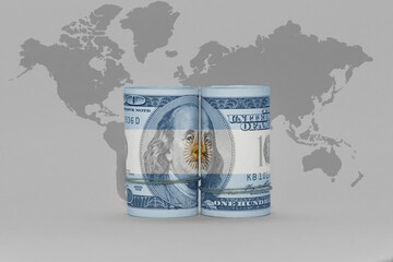 national flag of argentina on the dollar money banknote on the world map background .3d illustration