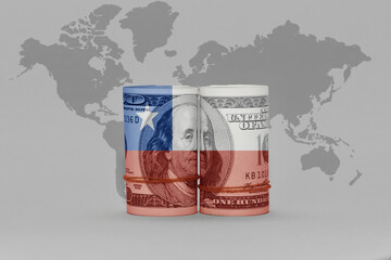 national flag of chile on the dollar money banknote on the world map background .3d illustration