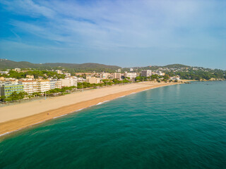 Platja de Aro Costa Brava de Gerona in Spain aerial images first line of turquoise blue Mediterranean sea Playa de Aro