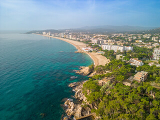 Platja de Aro Costa Brava de Gerona in Spain aerial images first line of turquoise blue Mediterranean sea Playa de Aro