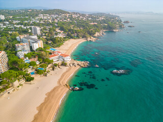 Platja de Aro Costa Brava de Gerona in Spain aerial images first line of turquoise blue Mediterranean sea Playa de Aro