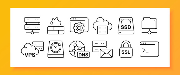 Data storage set icon. Hard disk drive, folder, settings, gear, cloud, solid state, HDD, SSD, VPS, virtual private server, DNS, SSL, protection. Data centre concept. Vector line icon for Business