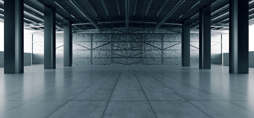 Grunge Studio Showroom Big Empty Steel Concrete Hangar Warehouse Barn Huge Space DayIight Windows Modern Workshop Car Garage Depot 3D Rendering - obrazy, fototapety, plakaty