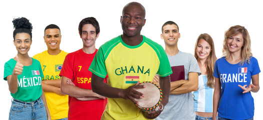 Football fan from Ghana with drumsupporters from Spain Brazil Mexico Qatar Argentina and France