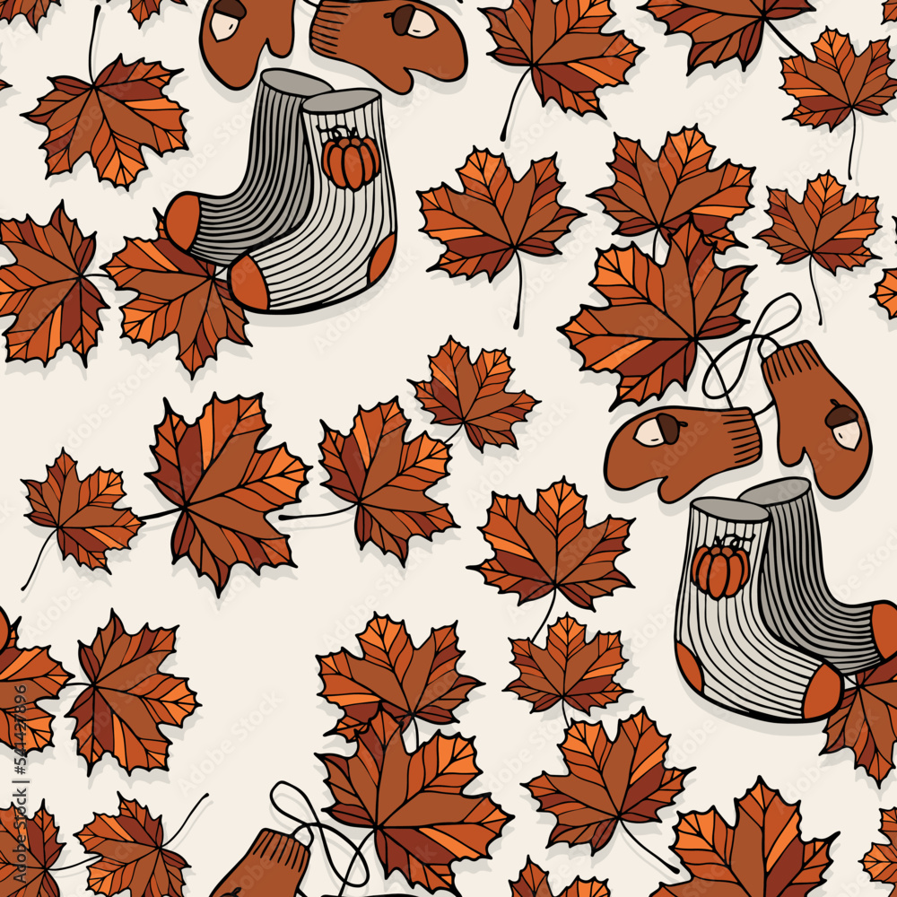 Poster Fall Autumn Doodle Socks and Maple Leaves linear colorful vector seasonal seamless pattern isolated on light background 