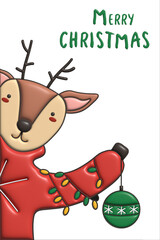 Fototapeta premium Reindeer christmas characters holding a christmas ball in white background. New Year card. Text Winter illustration EPS 3d render