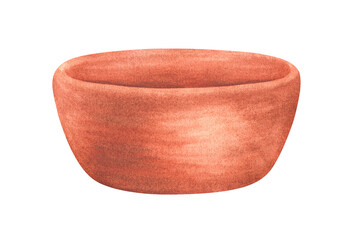 Clay cup. Soup plate. Watercolor illustration. Isolated on a white background.