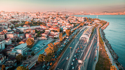 Aerial view of Eurasia tunnel in Istanbul city during a sunset 