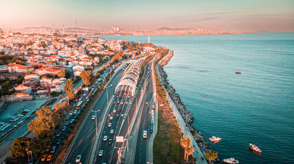 Aerial view of Eurasia tunnel in Istanbul city during a sunset 