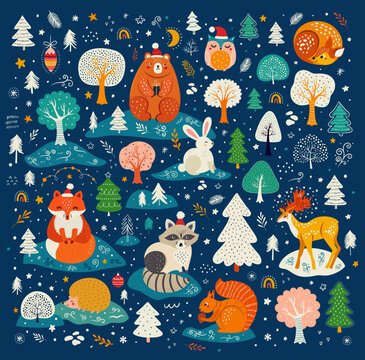 Christmas set with cute animals in the winter forest