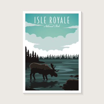 Isle Royale National Park poster vector illustration design, Moose and lake poster