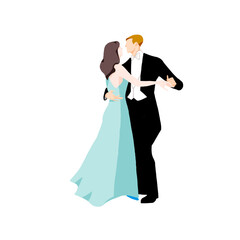 ダンスをする燕尾服の男性と水色のドレスの女性