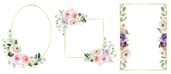 Watercolor bouquets of roses, leaves, branches. Pink roses art. Floral bouquets, frames and wreaths. Geometric metal frames with flowers. Set of roses for cards, scrapbooking, invitations, 