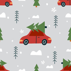 Seamless pattern with red car and Christmas tree. Festive winter wallpaper. Vector pattern in hand drawn style.