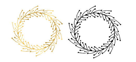 Fototapeta na wymiar Hand drawn linear frames and wreaths, gold foil. Linear gold floral wreaths. Monogram, icon, golden circle, geometric line art, 