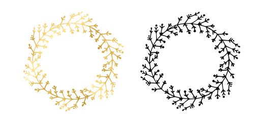 Hand drawn linear frames and wreaths, gold foil. Linear gold floral wreaths. Monogram, icon, golden circle, geometric  line art, 