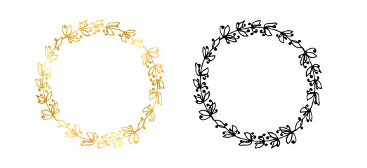 Hand drawn linear frames and wreaths, gold foil. Linear gold floral wreaths. Monogram, icon, golden circle, geometric  line art, 