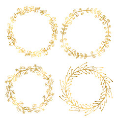 Hand drawn linear frames and wreaths, gold foil. Linear gold floral wreaths. Monogram, icon, golden circle, geometric  line art, 