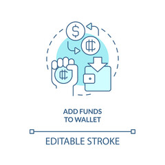 Add funds to wallet turquoise concept icon. Buy cryptocurrency. NFTs minting process abstract idea thin line illustration. Isolated outline drawing. Editable stroke. Arial, Myriad Pro-Bold fonts used