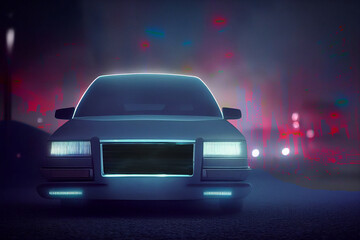 Fototapeta na wymiar 3d render sports car with neon lights goes to the camera on a fog and blur background