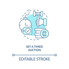 Set timed auction turquoise concept icon. Limited betting period. Way of NFTs selling abstract idea thin line illustration. Isolated outline drawing. Editable stroke. Arial, Myriad Pro-Bold fonts used