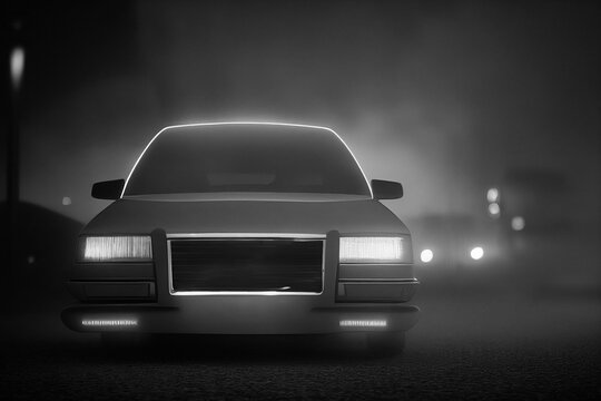 3d render sports car with neon lights goes to the camera on a fog and blur background