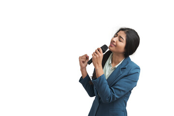 Young Venezuelan woman singing with a microphone. Isolated over white background.