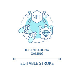 Tokenisation and gaming turquoise concept icon. Digital items. Important NFT trend abstract idea thin line illustration. Isolated outline drawing. Editable stroke. Arial, Myriad Pro-Bold fonts used
