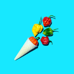 Ice cream cone and hot chili papers, creative food concept, sweet hot idea. 
