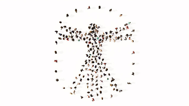 Concept or conceptual large gathering  of people forming an image of the vitruvius man on white background. A 3d illustration metaphor for architecture, renaissance, anthropology and physiology