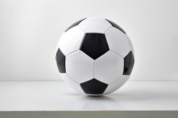 Football ball on table and light gray background close up