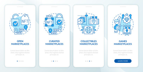 NFT marketplace categories blue onboarding mobile app screen. Business walkthrough 4 steps editable graphic instructions with linear concepts. UI, UX, GUI template. Myriad Pro-Bold, Regular fonts used