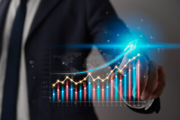 Businessman Hand and Finger Press or Touch Color Stock Graph Trend