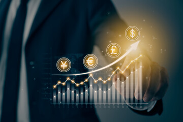 Businessman Hand and Finger Press or Touch Stock Graph and Money Currency Trend in Vintage Tone