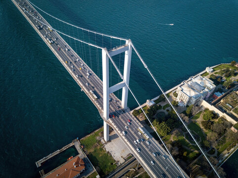 Fantactic aerial views of Istanbul Bosphorus bridge (15 July Martyrs Bridge) (aerial drone photo). Istanbul, Turkey