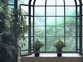 窓際の植物のイラストです。