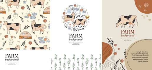 Sample brochure. Agricultural background. Cows, milk can, sun, clouds and flowers.