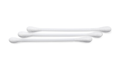 Plastic cotton buds on white background, top view