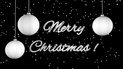 Christmas greetings, glitter text lettering Merry Christmas, with christmas decoration, snow is falling . 3D render.