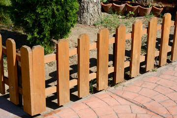 Small wooden fence near thuja on sunny day outdoors