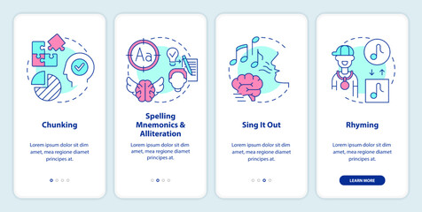 Verbal memorization techniques onboarding mobile app screen. Remember walkthrough 4 steps editable graphic instructions with linear concepts. UI, UX, GUI template. Myriad Pro-Bold, Regular fonts used