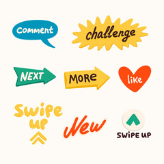 Social media stickers, challenge, new, swipe etc. Making a blog or vlog vector flat illustration. Set of cartoon icons for making stories or internet content