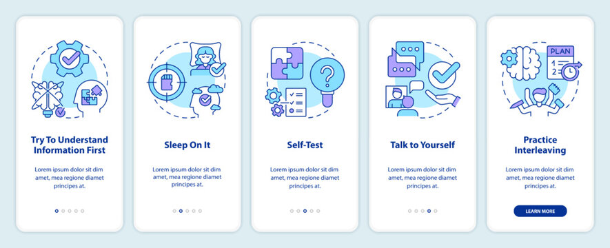 Simple memory tricks onboarding mobile app screen. Learning new walkthrough 5 steps editable graphic instructions with linear concepts. UI, UX, GUI template. Myriad Pro-Bold, Regular fonts used